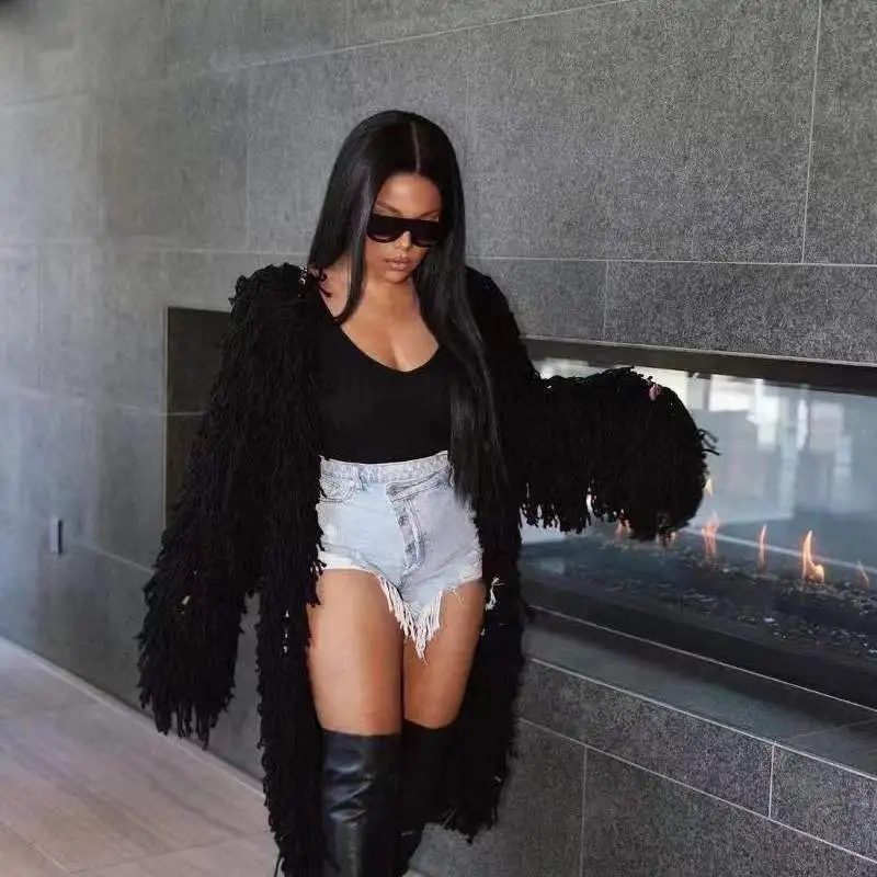 Women Fashion Knitted Hand Hook Tassel Cardigan Jacket