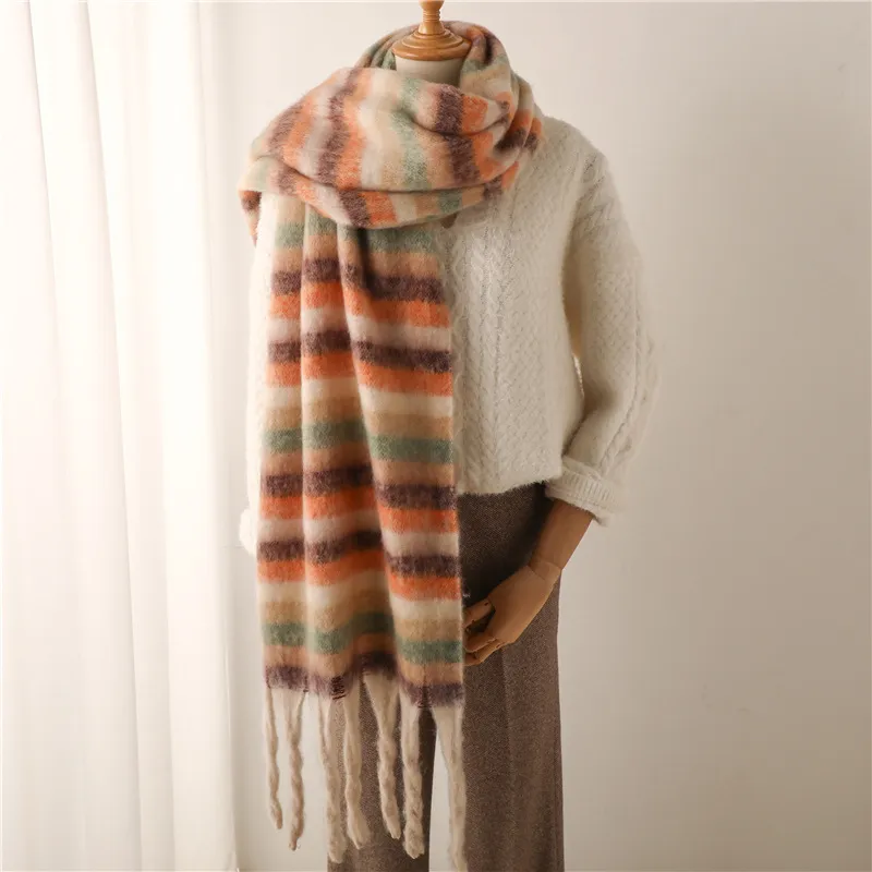 Autumn Winter Women Warm Thickened Tassel Stripe Cashmere Scarf