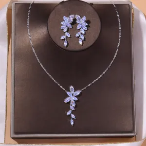 Women Fashion Simple Floral Zircon Rhinestone Necklace Earrings Jewelry Set
