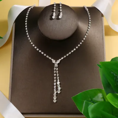 Women's Fashion Simple Multicolor Crystal Necklace Earrings Jewelry Set with Box Chain
