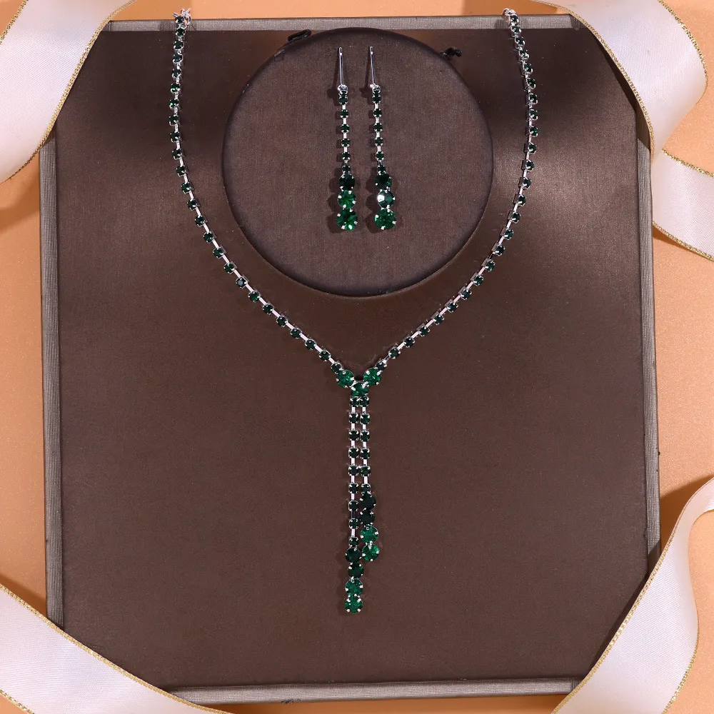 Women's Fashion Simple Multicolor Crystal Necklace Earrings Jewelry Set with Box Chain