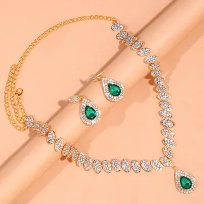 Women Fashion Drop-Shaped Rhinestone Crystal Necklace Earrings Jewelry Set