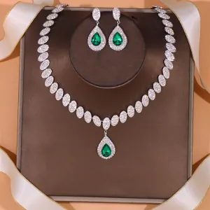 Women Fashion Drop-Shaped Rhinestone Crystal Necklace Earrings Jewelry Set