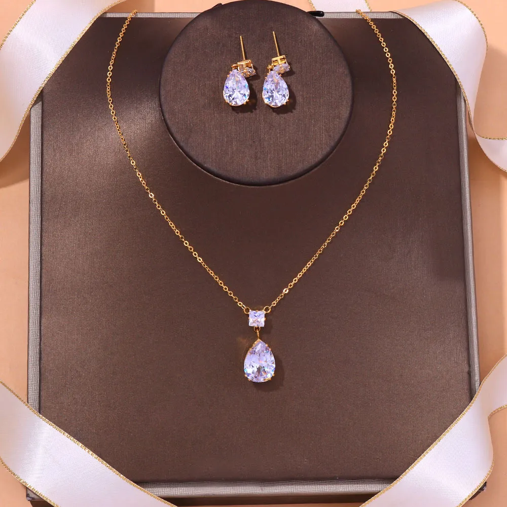 Women Fashion Simple Rhinestone Pendant Earrings Necklace Jewelry Set
