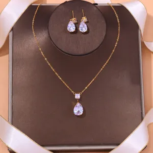 Women Fashion Simple Rhinestone Pendant Earrings Necklace Jewelry Set