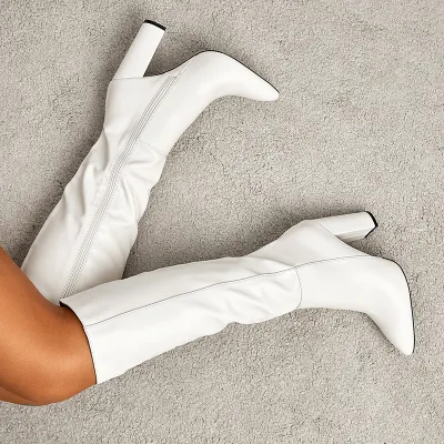 Women's Fashion Solid Color Plus Size Pointed Toe Chunky Heel Side Zipper PU High Boots