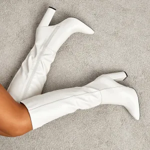 Women's Fashion Solid Color Plus Size Pointed Toe Chunky Heel Side Zipper PU High Boots