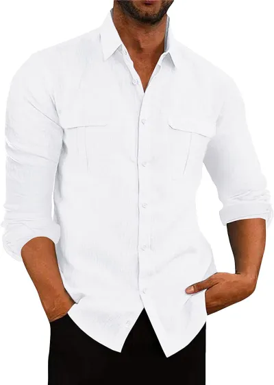 Men's Casual Solid Color Long Sleeve Lapel Shirt with Pocket