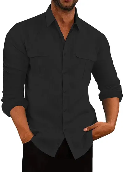 Men's Casual Solid Color Long Sleeve Lapel Shirt with Pocket