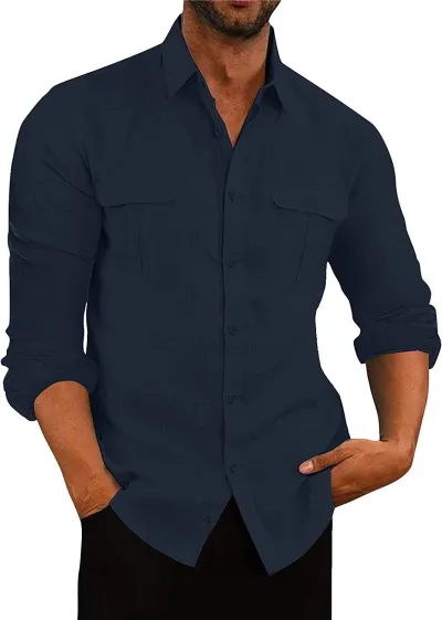 Men's Casual Solid Color Long Sleeve Lapel Shirt with Pocket