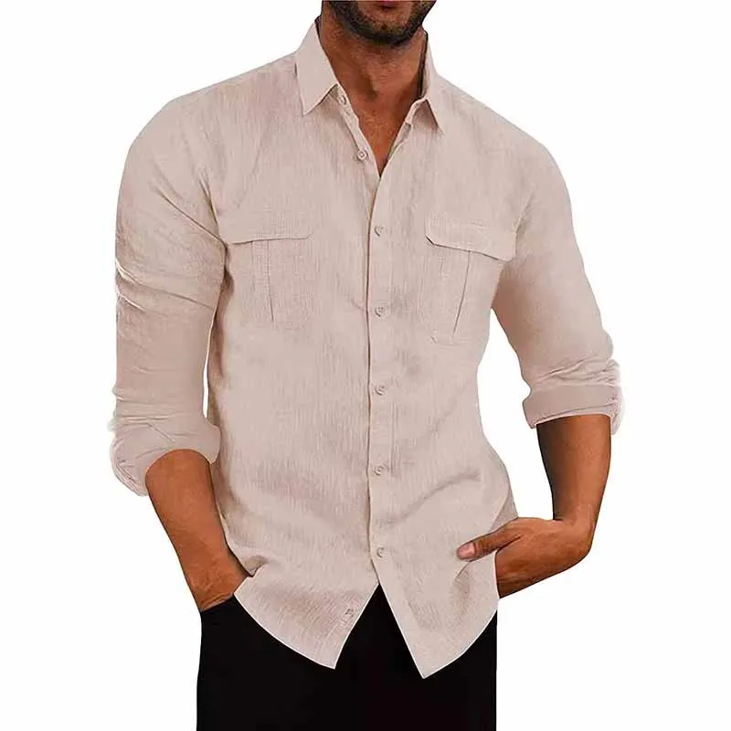 Men's Casual Solid Color Long Sleeve Lapel Shirt with Pocket