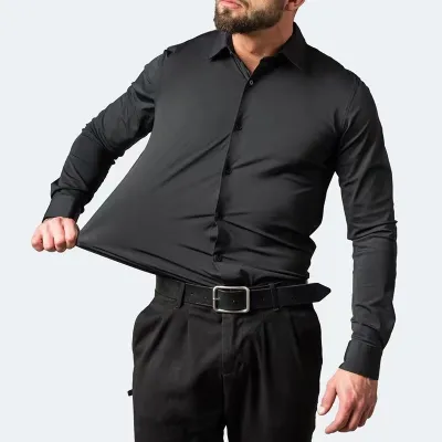 Men Fashion Casual Business Basic Solid Color Long Sleeve Lapel Dress Shirts