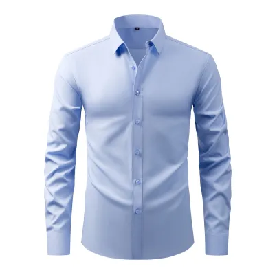 Men Fashion Business Casual Solid Color Long Sleeve Lapel Dress Shirts with Polyester