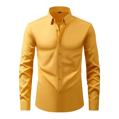 Men Fashion Business Casual Solid Color Long Sleeve Lapel Dress Shirts with Polyester