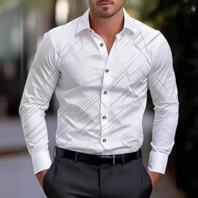 Men Fashion Casual Business Stripe Print Plus Size Long Sleeve Lapel Dress Shirt
