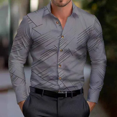 Men Fashion Casual Business Stripe Print Plus Size Long Sleeve Lapel Dress Shirt