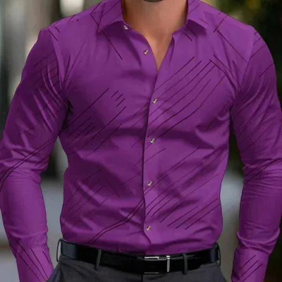 Men Fashion Casual Business Stripe Print Plus Size Long Sleeve Lapel Dress Shirt