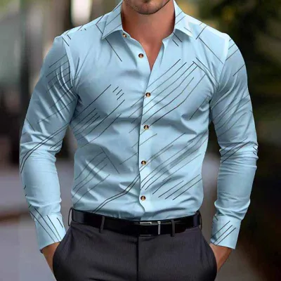 Men Fashion Casual Business Stripe Print Plus Size Long Sleeve Lapel Dress Shirt