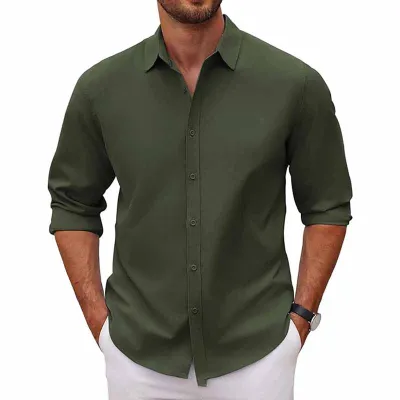 Men Fashion Casual Business Solid Color Plus Size Long Sleeve Lapel Shirt