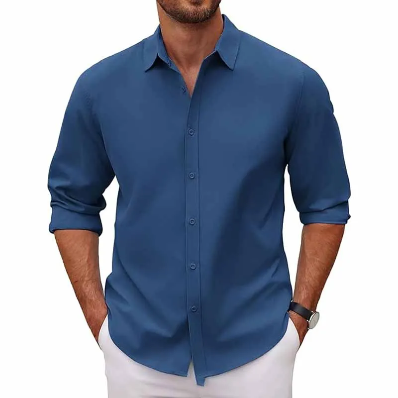 Men Fashion Casual Business Solid Color Plus Size Long Sleeve Lapel Shirt