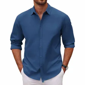 Men Fashion Casual Business Solid Color Plus Size Long Sleeve Lapel Shirt