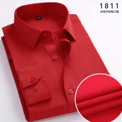 Men Plus Size Casual Business Solid Color Stripe Long Sleeve Lapel Dress Shirts