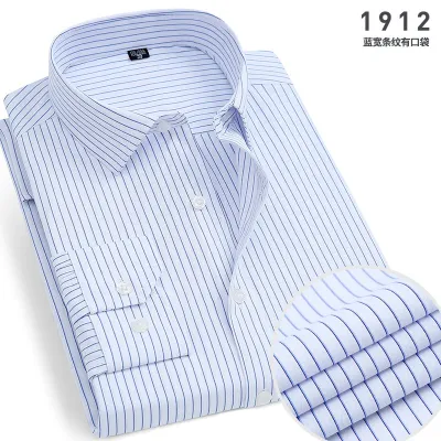 Men Plus Size Casual Business Solid Color Stripe Long Sleeve Lapel Dress Shirts