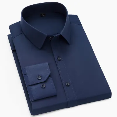 Men Fashion Casual Business Solid Color Plus Size Long Sleeve Lapel Dress Shirts