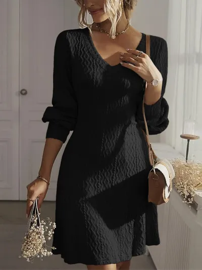 Autumn Women Elegant Solid Color V-Neck Wave Texture Long Sleeve Midi Dress