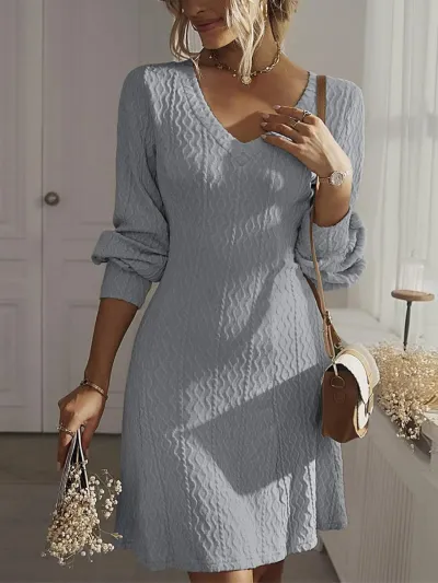 Autumn Women Elegant Solid Color V-Neck Wave Texture Long Sleeve Midi Dress