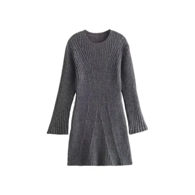 Autumn Winter Women Fashion Solid Color Thread Knitted Round Neck Long Sleeve Midi Dress