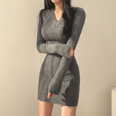 Women Sexy Solid Color V-Neck Thread Knitted Long Sleeve Wrap Hip Dress
