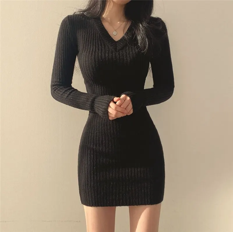 Women Sexy Solid Color V-Neck Thread Knitted Long Sleeve Wrap Hip Dress