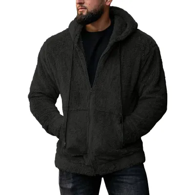 Men Autumn Winter Fashion Casual Solid Color Plush Long Sleeve Hooded Cardigan Coat