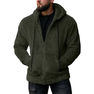 Men Autumn Winter Fashion Casual Solid Color Plush Long Sleeve Hooded Cardigan Coat