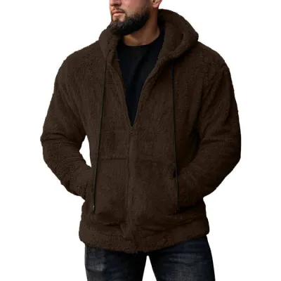Men Autumn Winter Fashion Casual Solid Color Plush Long Sleeve Hooded Cardigan Coat