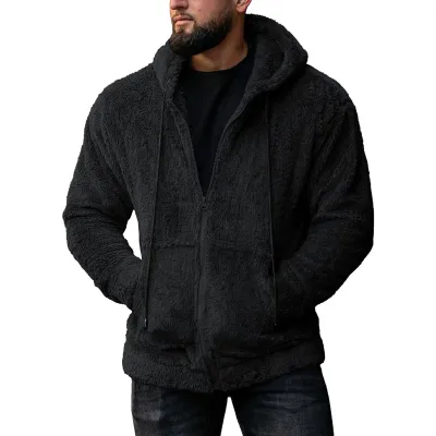 Men Autumn Winter Fashion Casual Solid Color Plush Long Sleeve Hooded Cardigan Coat