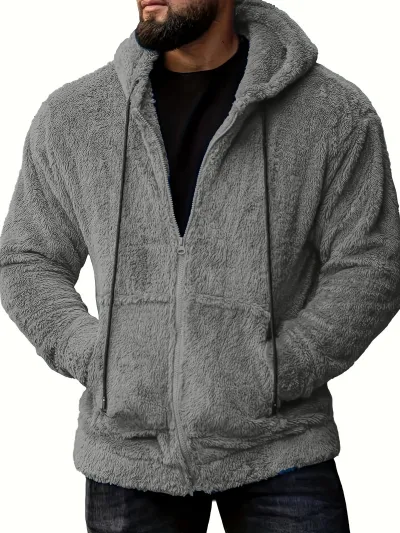 Men Autumn Winter Fashion Casual Solid Color Plush Long Sleeve Hooded Cardigan Coat