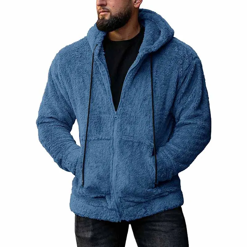 Men Autumn Winter Fashion Casual Solid Color Plush Long Sleeve Hooded Cardigan Coat