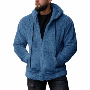 Men Autumn Winter Fashion Casual Solid Color Plush Long Sleeve Hooded Cardigan Coat