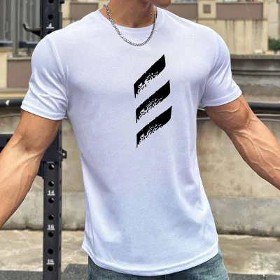 Men Casual Basic Sport Stripe Print Short Sleeve Crewneck T-Shirt