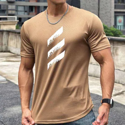 Men Casual Basic Sport Stripe Print Short Sleeve Crewneck T-Shirt