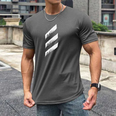 Men Casual Basic Sport Stripe Print Short Sleeve Crewneck T-Shirt