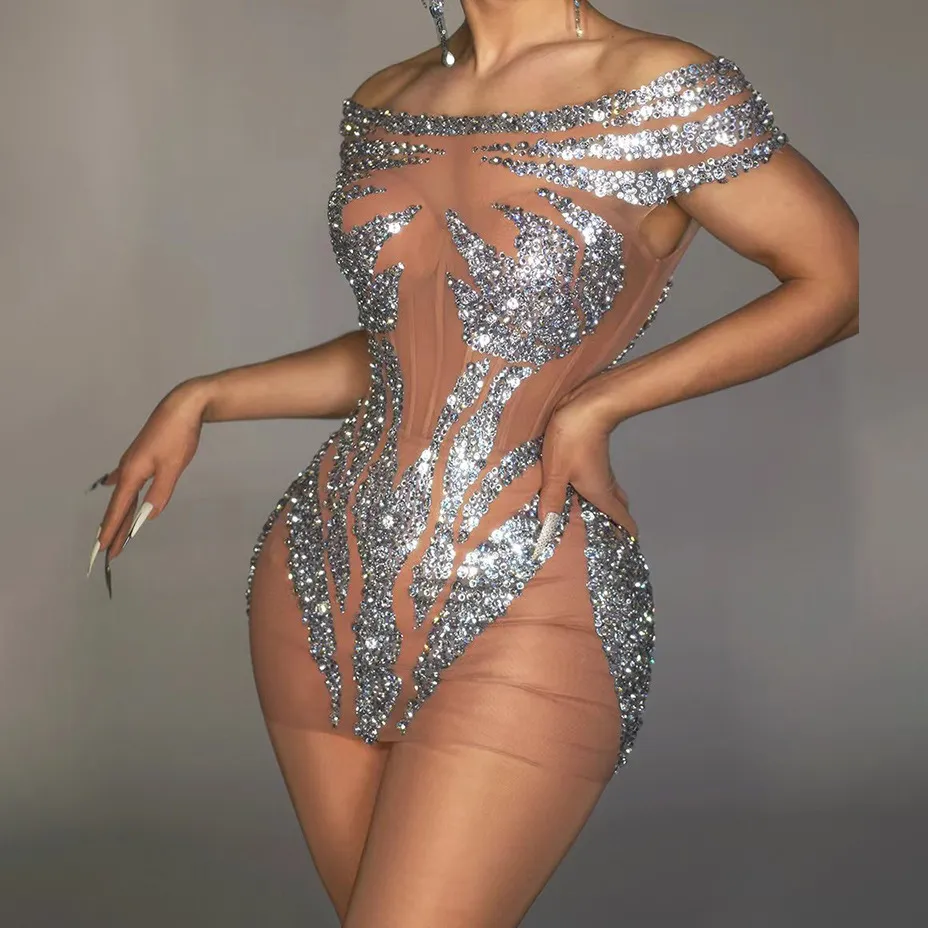 Women Fashion Sexy Hot Rhinestone Perspective Mini Party Dress