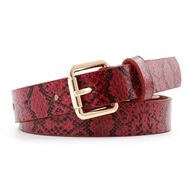 Women Simple Solid Color Snake Print PU Belt with Alloy Pin Buckle