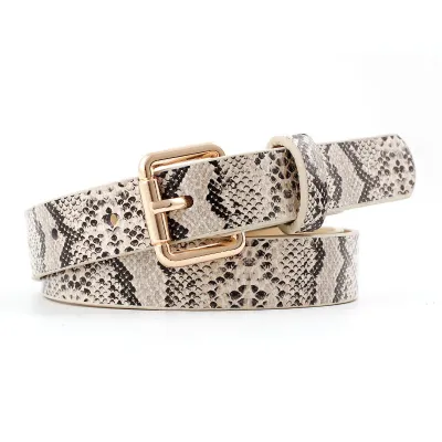 Women Simple Solid Color Snake Print PU Belt with Alloy Pin Buckle