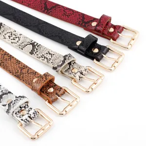 Women Simple Solid Color Snake Print PU Belt with Alloy Pin Buckle