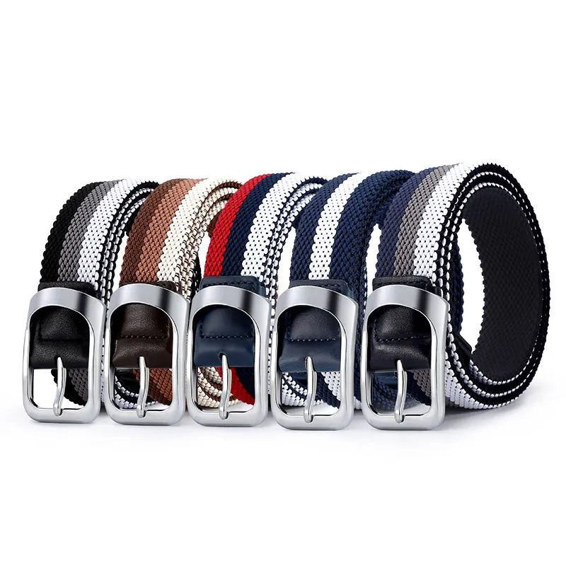 Men Simple Casual Braided Canvas Elastic Belt with Alloy Pin Buckle Style