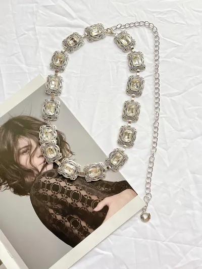 Women Fashion Metal Oval Engraved Chain Rhinestone Belt