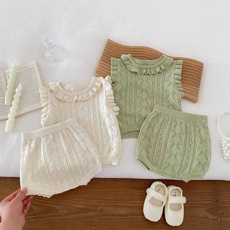 Kids Baby Girls Casual Cute Solid Color Sleeveless Knitted Top and Shorts Set